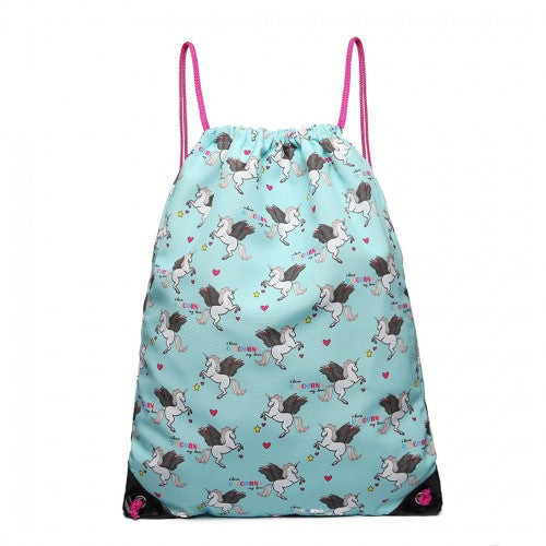 MISS LULU UNISEX DRAWSTRING BACKPACK UNICORN PRINT BLUE