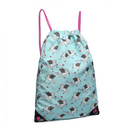 MISS LULU UNISEX DRAWSTRING BACKPACK UNICORN PRINT BLUE