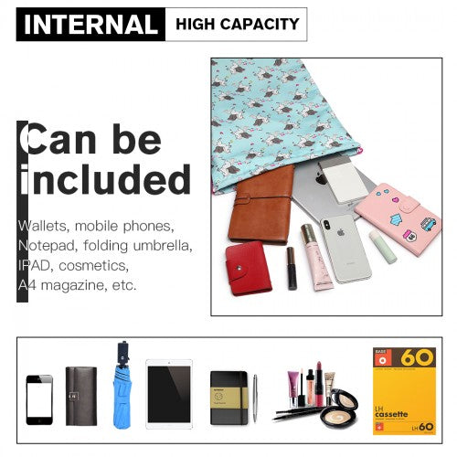 MISS LULU UNISEX DRAWSTRING BACKPACK UNICORN PRINT BLUE