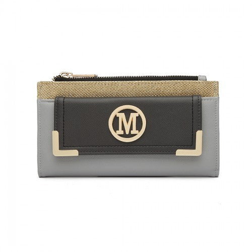 LP6882-MISS LULU PEBBLED LEDER-LOOK M METALL LOGO LANGES GELB GRAU