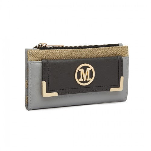 LP6882-MISS LULU PEBBLED LEDER-LOOK M METALL LOGO LANGES GELB GRAU