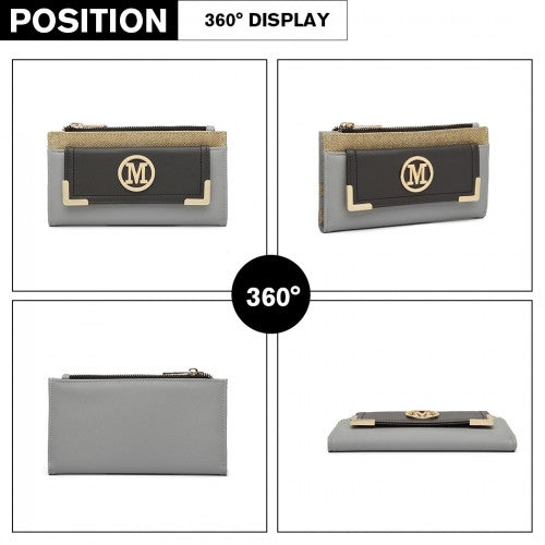 LP6882-MISS LULU PEBBLED LEDER-LOOK M METALL LOGO LANGES GELB GRAU