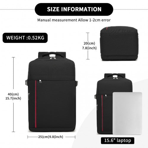 Kono 20L Kabinenrucksack mit roter Verzierung für 15,6" Laptop – wasserabweisender Reisetagesack mit Gepäckgurte