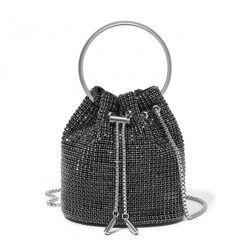 Damen-Strass-Abendtasche - Glänzende Handtasche mit metallischem Ringgriff und Ketten-Umhängeriemen
