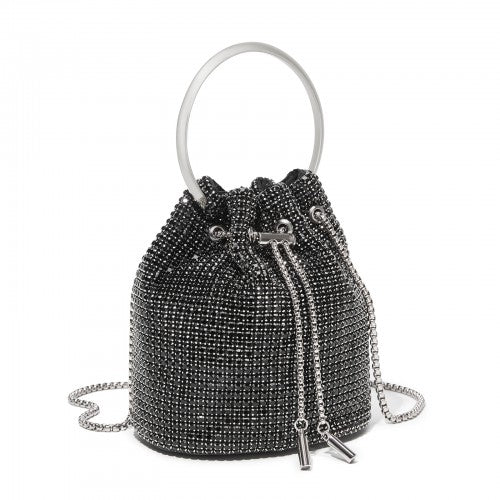 Damen-Strass-Abendtasche - Glänzende Handtasche mit metallischem Ringgriff und Ketten-Umhängeriemen