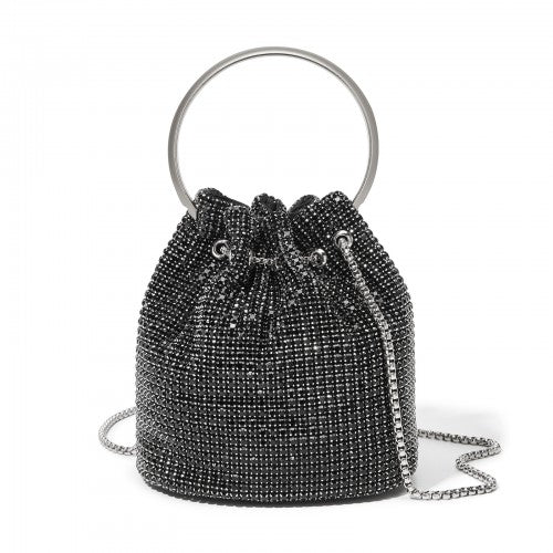 Damen-Strass-Abendtasche - Glänzende Handtasche mit metallischem Ringgriff und Ketten-Umhängeriemen