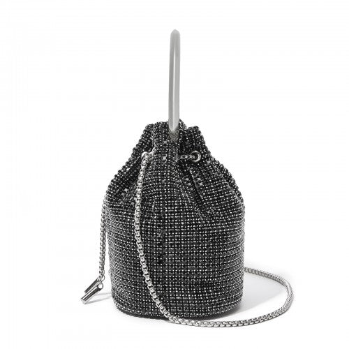 Damen-Strass-Abendtasche - Glänzende Handtasche mit metallischem Ringgriff und Ketten-Umhängeriemen