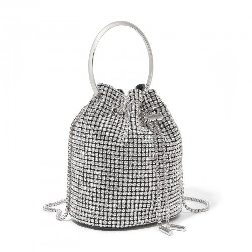 Damen-Strass-Abendtasche - Glänzende Handtasche mit metallischem Ringgriff und Ketten-Umhängeriemen