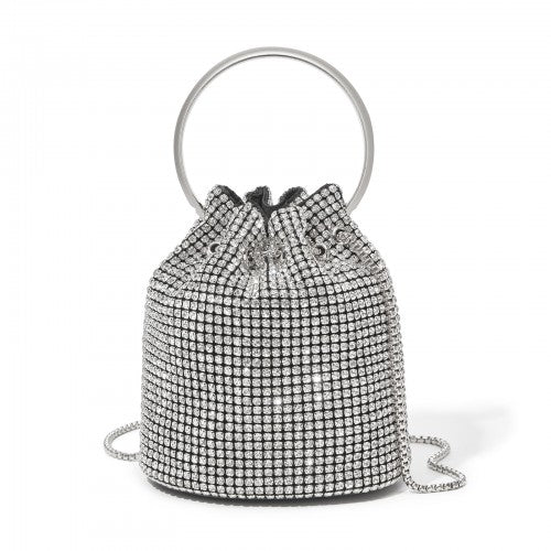 Damen-Strass-Abendtasche - Glänzende Handtasche mit metallischem Ringgriff und Ketten-Umhängeriemen