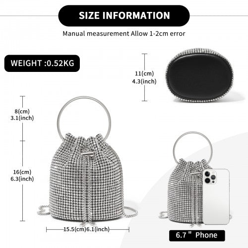 Damen-Strass-Abendtasche - Glänzende Handtasche mit metallischem Ringgriff und Ketten-Umhängeriemen