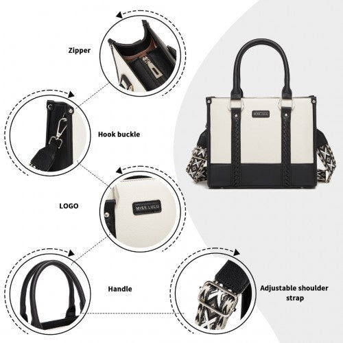 HBM2462 - Miss Lulu PU bőr elegáns, tágas bevásárlótáska szőtt szegéllyel és levehető etnikai pánttal - Fekete