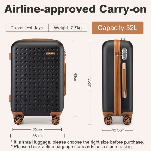 KSK2486 - Kono stílusos ABS+PC 20 hüvelykes pöttyös keményhéjú kabinbőrönd TSA zárral - fekete és barna