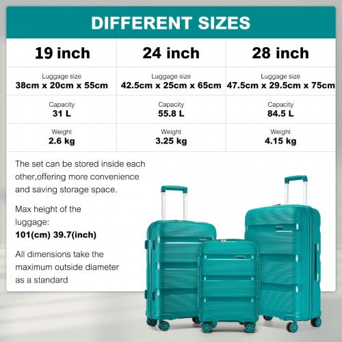 KSK2492 - Kono 3-teiliges PP-Hartschalen-Kofferset – Haltbare Reisekoffer mit TSA-Schloss und 360-Grad-Dreirädern - Blau und Grün