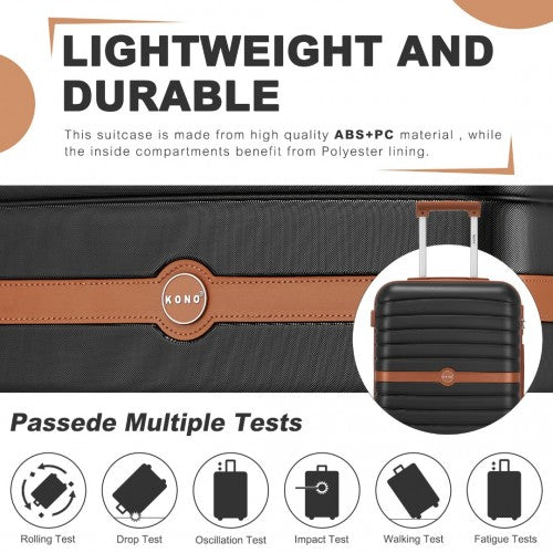 KSK2592 - Kono PC kézipoggyász bőrönd, 20 hüvelykes, csíkos dizájnnal és színes blokkos részletekkel, csendes forgó kerekekkel - Fekete és barna
