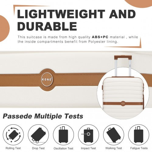 KSK2592 - Kono PC kézipoggyász bőrönd, 20 hüvelykes, csíkos mintával és színes blokkos részletekkel, csendes forgó kerekekkel - krém és barna