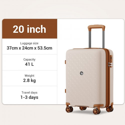 KSK2594 - Kono PP 20 hüvelykes kemény héjú, bővíthető bőrönd – könnyű bőrönd TSA zárral és integrált pohártartóval - bézs és barna