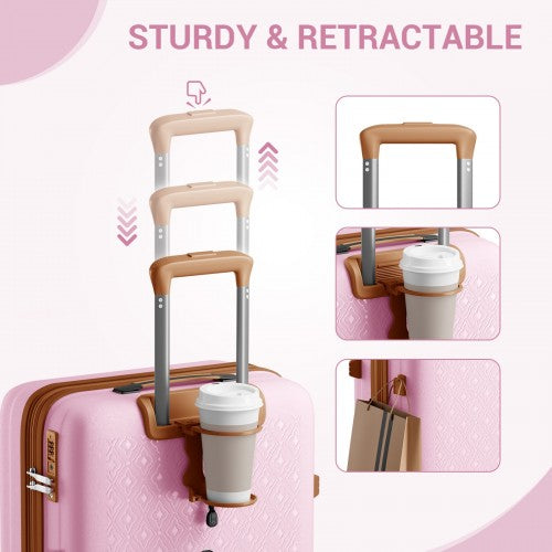 KSK2594 - Kono PP 20 hüvelykes kemény héjú, bővíthető bőrönd – könnyű bőrönd TSA zárral és integrált pohártartóval - rózsaszín és barna