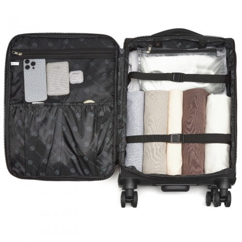 KSN2593 - Leichte Softshell-Walizka von 20 Zoll für Frauen mit Drehrollen und geräumigen Fächern - Schwarz