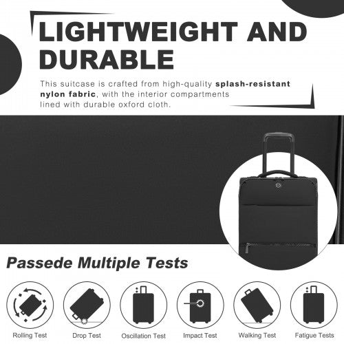 KSN2593 - Leichte Softshell-Walizka von 20 Zoll für Frauen mit Drehrollen und geräumigen Fächern - Schwarz