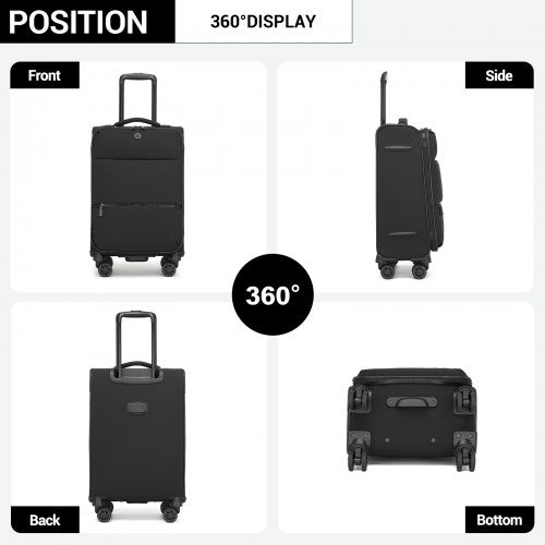 KSN2593 - Leichte Softshell-Walizka von 20 Zoll für Frauen mit Drehrollen und geräumigen Fächern - Schwarz