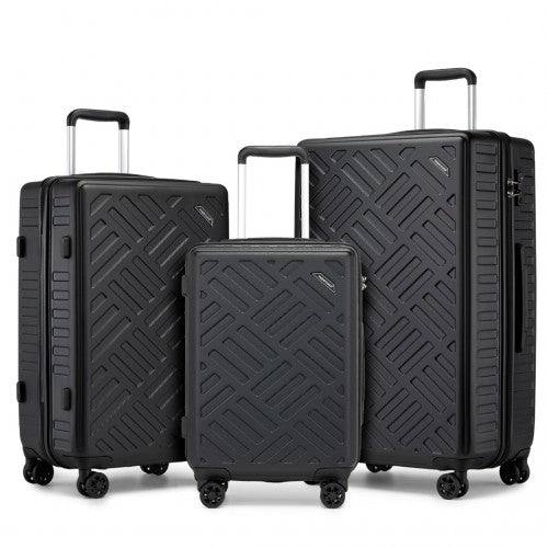 KSS2495 - Supercase 3-teiliges Hartschalen-Kofferset aus ABS+PC mit elegantem geometrischem Muster und TSA-Schloss für müheloses Reisen – Schwarz